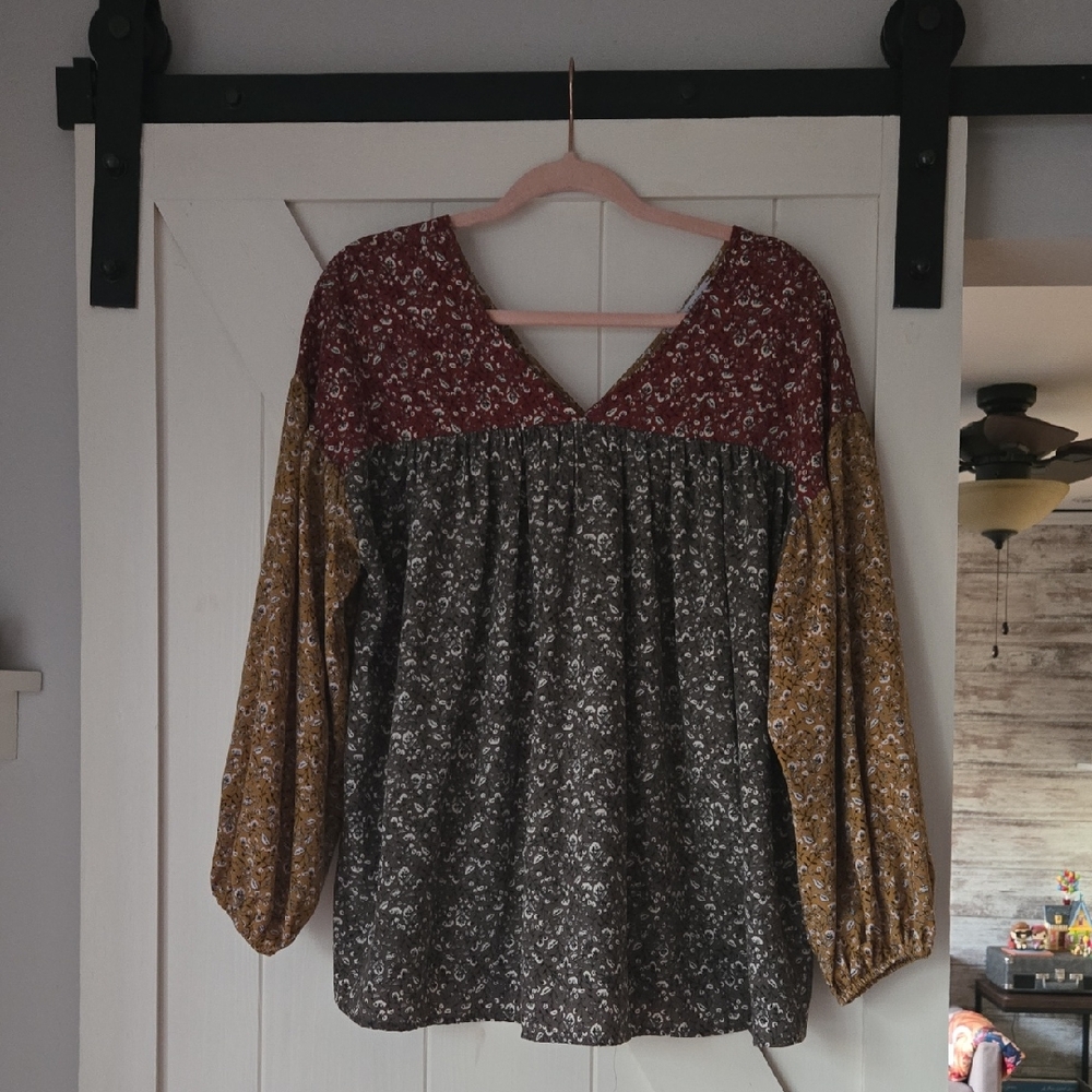 Ces Femme Patchwork V-Neck Blouse in Burgundy, Charcoal & Mustard